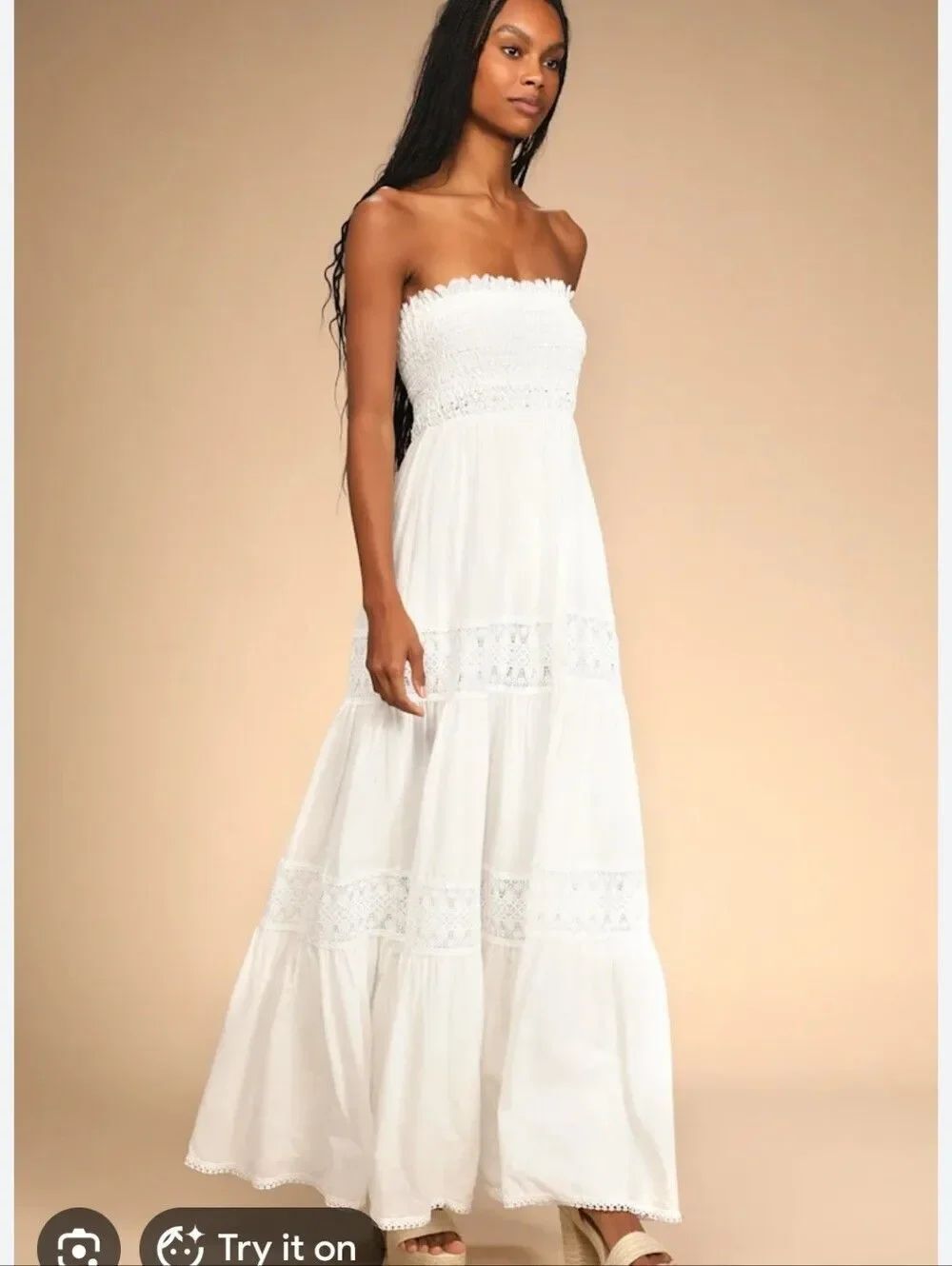 Lulus Mediterranean Moments White Lace Strapless Tiered Maxi Dress Medium NWT